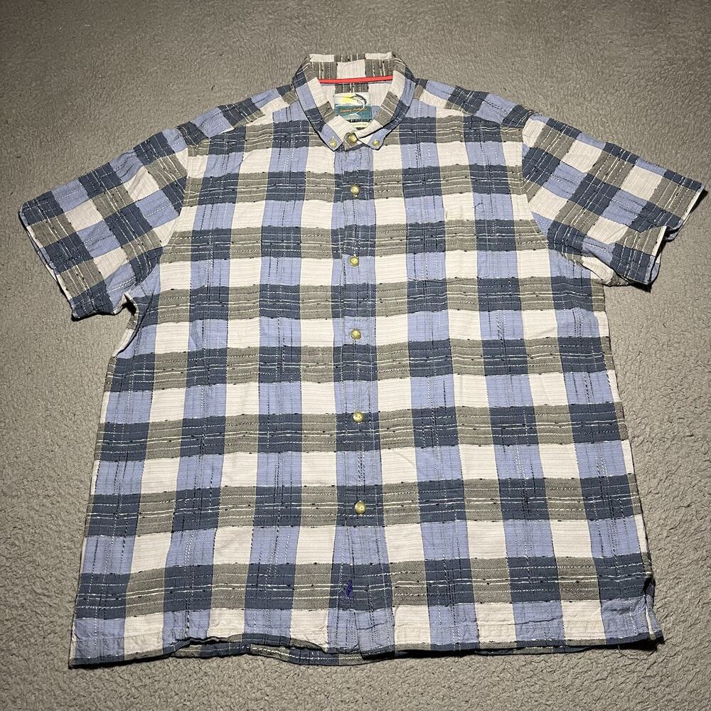 Tommy Bahama Shirt Mens XL Plaid Silk Seersucker Short Sleeve Hawaiian Beach